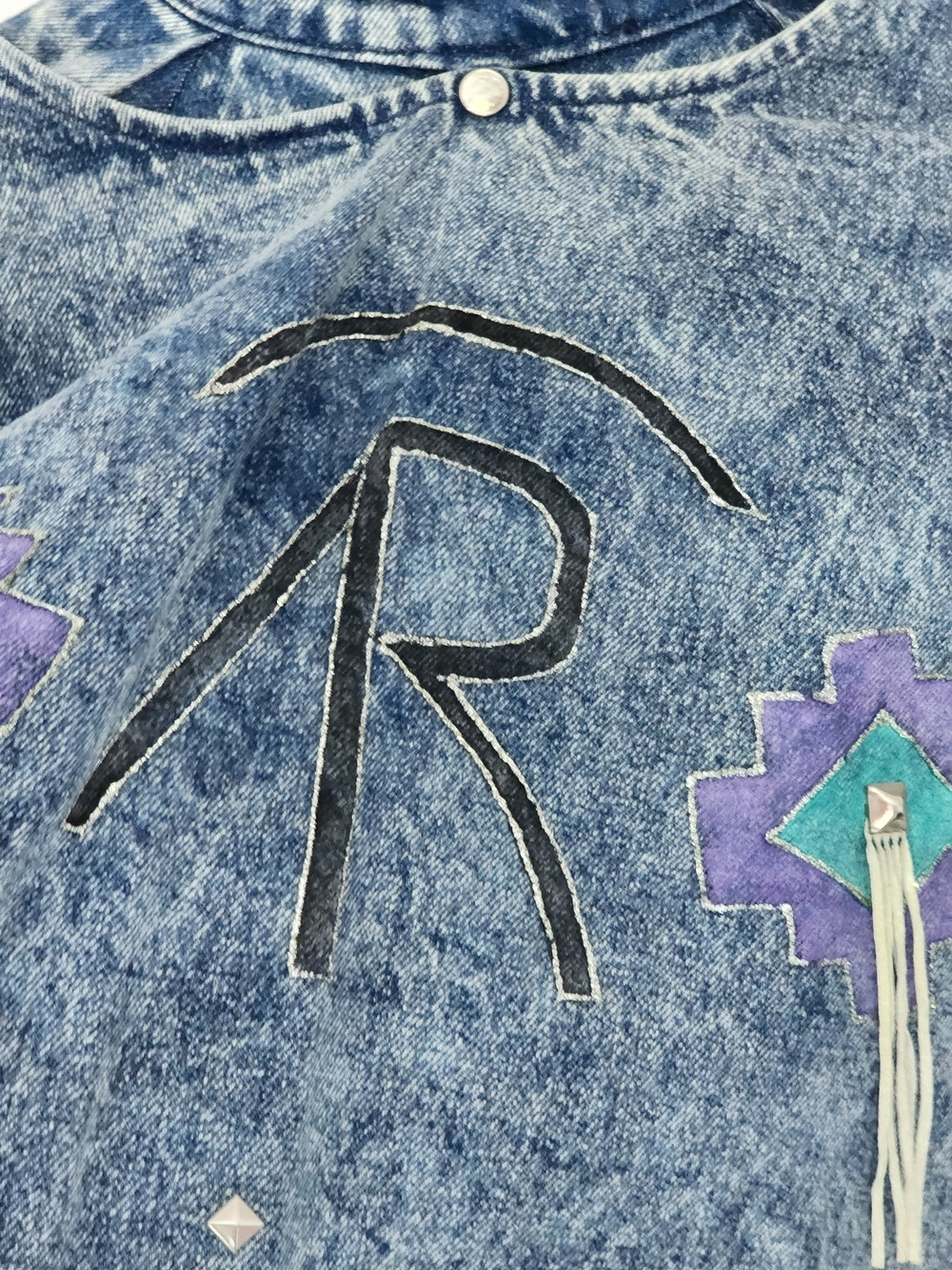 Vintage TRAIL DUSTER Denim Leather Fringe with Teal  Purple Accents 25" PTP - Picture 13 of 16